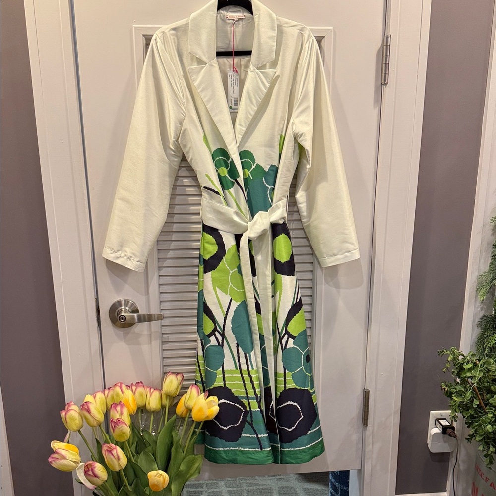 Frances Valentine Cream Long-Sleeve Tie-Waist Dress with Green Floral Print